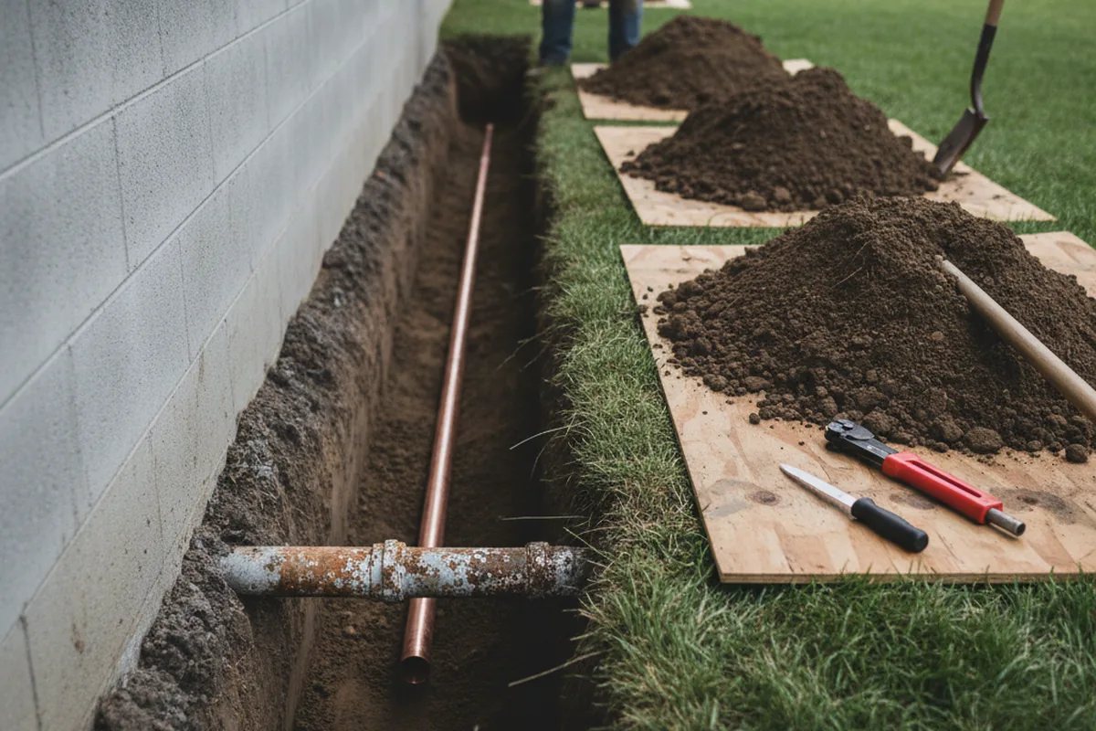 Excavated water line trench during Sewer Line Repair in Mangum